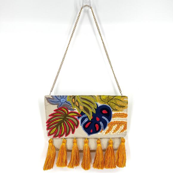 CHICO'S Tropical Embroidered Small Woven Purse Tassels Chain Strap Colorful - Picture 1 of 8